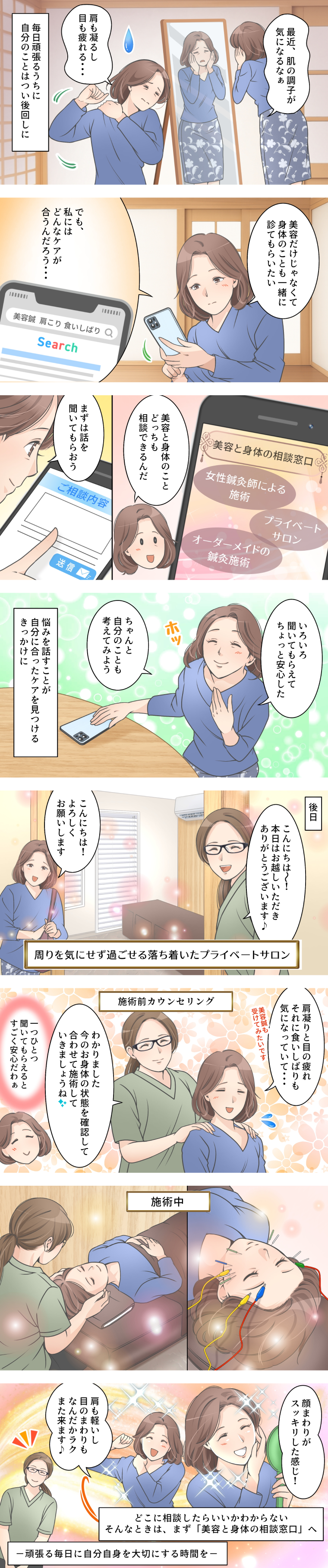 美容と身体の相談窓口の施術を紹介するマンガ